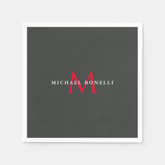 Onyx Black Red Monogram Modern Minimalistisch Serviette (Vorderseite)