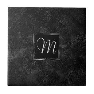 Onyx Black Velvet   Chalkboard Grunge Monogram Fliese