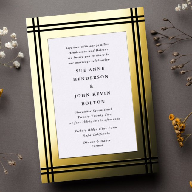 Onyx Border | Yellow Real Gold Frame Wedding Folieneinladung (Von Creator hochgeladen)