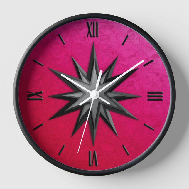 Onyx Kompass-Rose - rubinfarbener Hintergrund Wanduhr (Vorderseite)