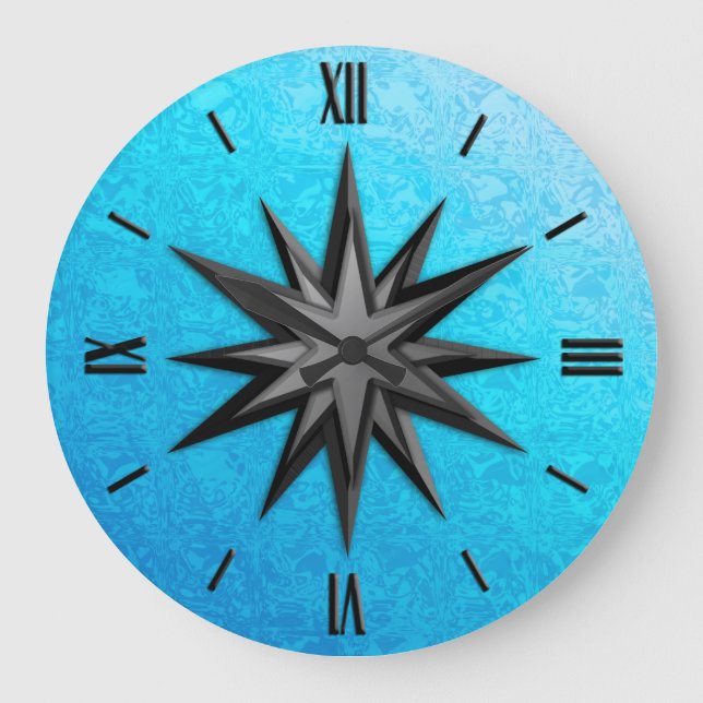 Onyx Kompass-Rose - türkisfarbener Hintergrund Große Wanduhr (Vorderseite)