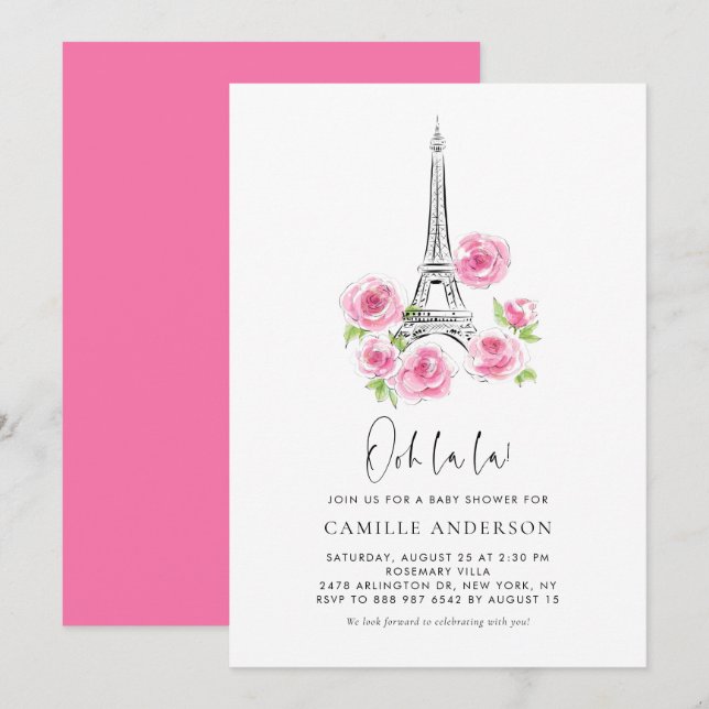 Ooh la Eiffel Tower Pink Floral Baby Dusche Einladung (Vorne/Hinten)