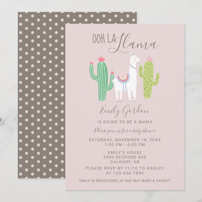 Ooh La Llama Baby Dusche niedlich pink & braun, ei Einladung (Vorne/Hinten)