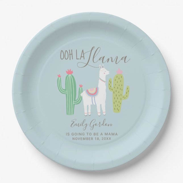 Ooh la llama Babydusche niedlicher Baby-Junge blau Pappteller (Vorderseite)