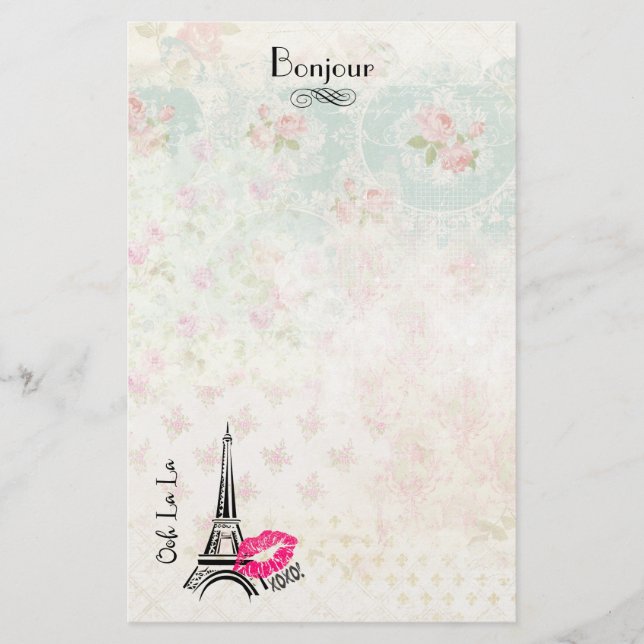 Ooh La Paris Eiffelturm auf Vintagem Muster Briefpapier (Vorderseite)