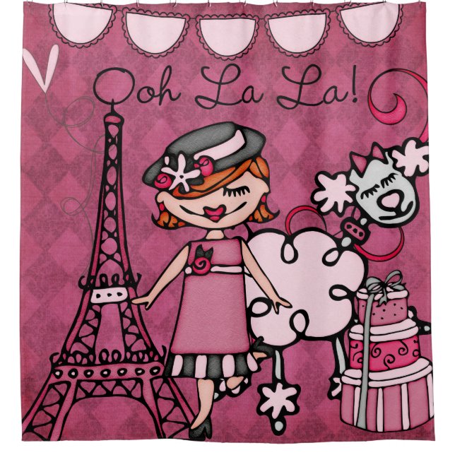 Ooh La Red Haired Diva Eiffel Tower Poodle Duschvorhang (Vorderseite)