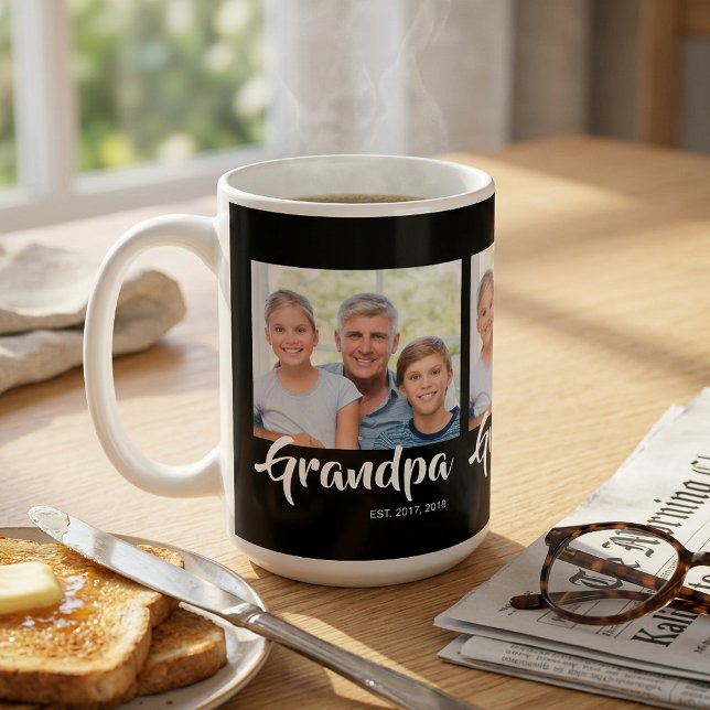 Opa Established Schrift Black 3 Foto Kaffeetasse (Grandpa Established Script Black 3 Photo Coffee Mug)
