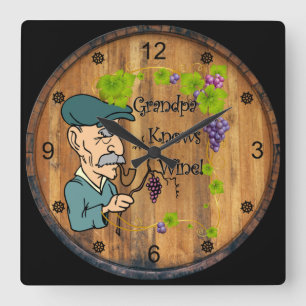 Opa weiß Wein! Hintergrund Weinbarrel ~ Quadratische Wanduhr