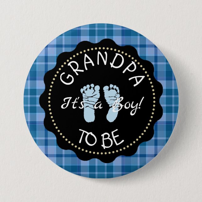 Opa zu Blue Kariert Baby Showknopf Button (Vorderseite)