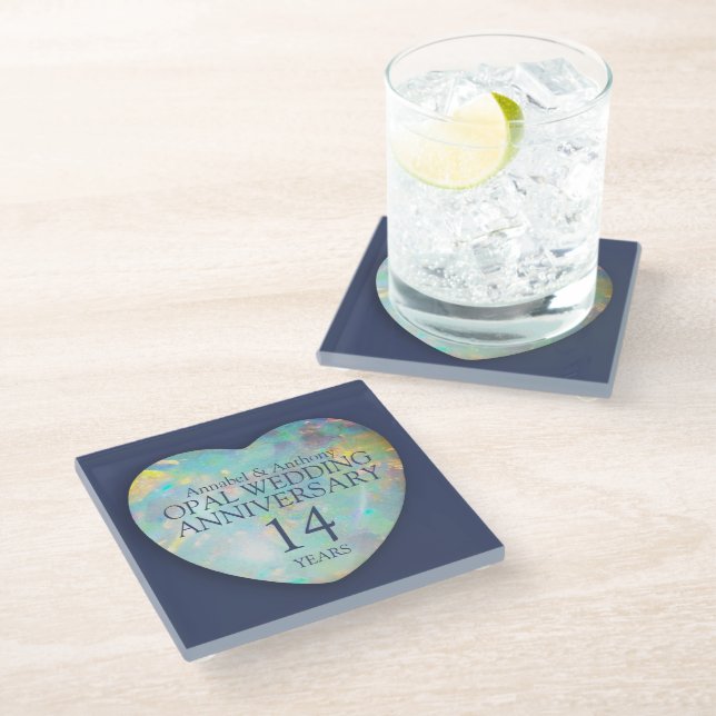 Opal 14th Wedding Anniversary Heart Glass Glasuntersetzer (Schrägansicht)