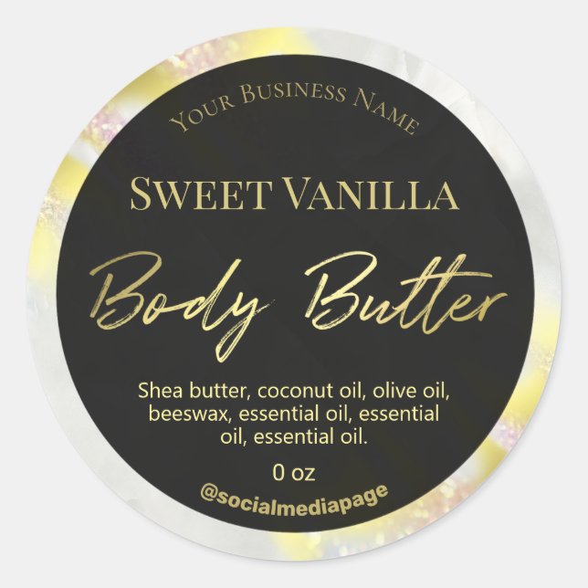 Opal Glitzer Gold und Black Body Butter Labels Runder Aufkleber (Vorderseite)