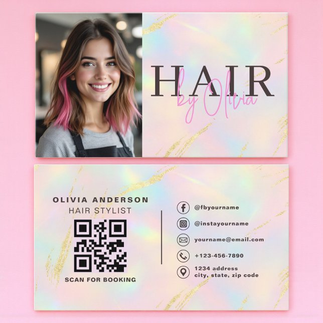 Opal Gold Glitter Hair Stylist Photo QR Code  Visitenkarte (Von Creator hochgeladen)