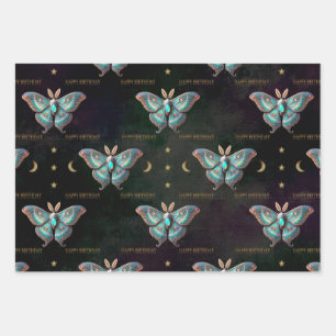 Opal October Birthstone Moth Happy Birthday Geschenkpapier Set