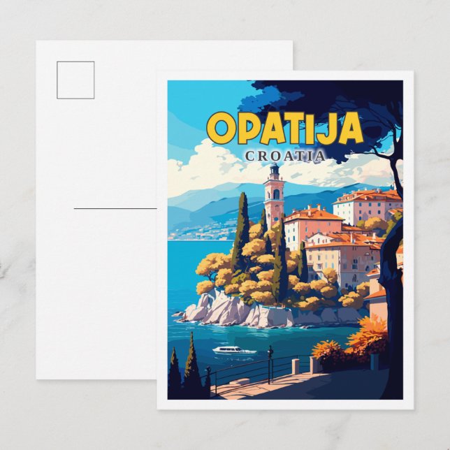 Opatija Croatia Vintage Illustration Postkarte (Vorne/Hinten)
