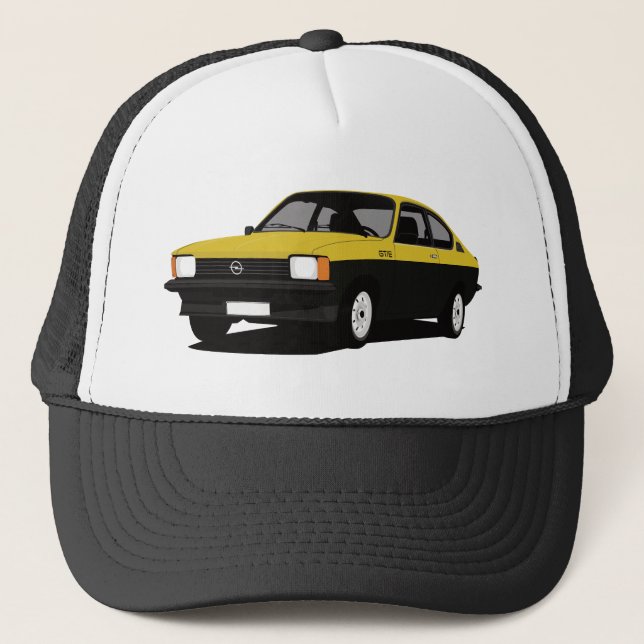 Opel Kadett GT/E Coupé gelb-schwarz Truckerkappe (Vorderseite)