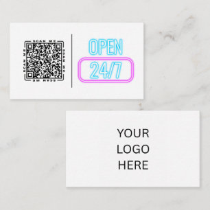 Open 24/7 Neon   Anpassbarer QR-Code und Logo  Visitenkarte