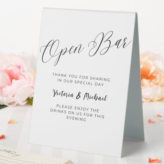Open Bar Black & White Script personalisiert Hochz Tischaufsteller (In Situ (Hochzeit))