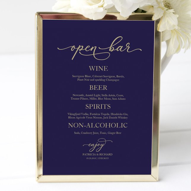 Open Bar Elegant Gold Navy Blue Wedding Sign Poster (Von Creator hochgeladen)