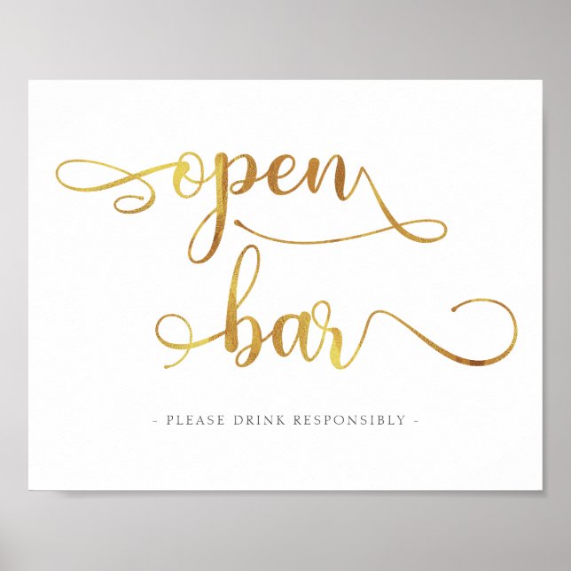 "Open Bar" Gold Drinks Hochzeitszeichen Poster (Vorne)