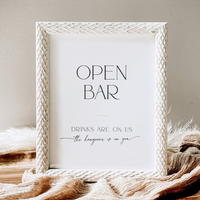 Open Bar Minimalistisch Black and White Script Wed Sockelschild (Von Creator hochgeladen)