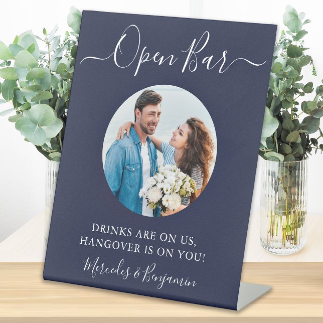 Open Bar Personalisiert Foto Navy Blue Wedding Sockelschild (Von Creator hochgeladen)