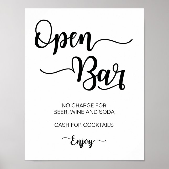 Open Bar Wedding Sign | Moderne Kalligrafie Poster (Vorne)