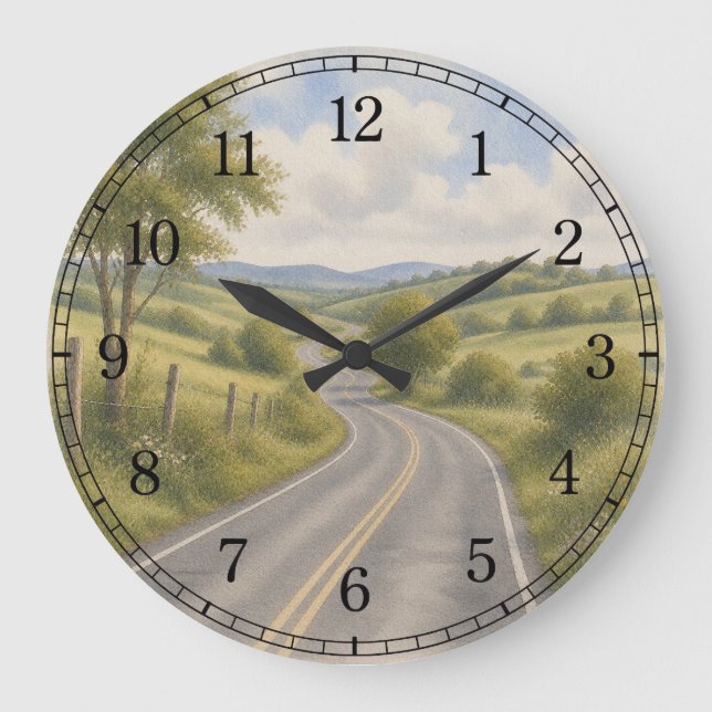 Open Highway Wall Clock — Scenic Road Design Große Wanduhr (Vorderseite)