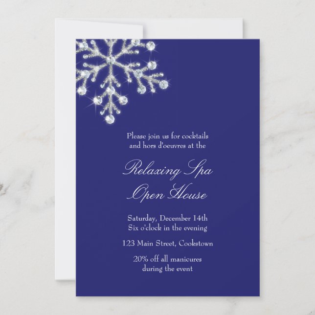 Open House Blue Offset Crystal Snowflake Einladung (Vorderseite)