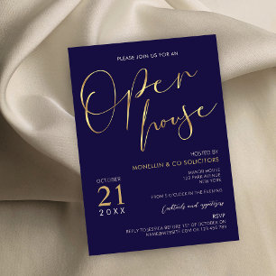Open House für Navy Blue & Gold Script Einladung