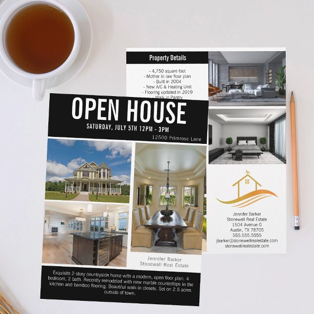 Open House Modernes Black Real Anwesen Listing Flyer (Von Creator hochgeladen)