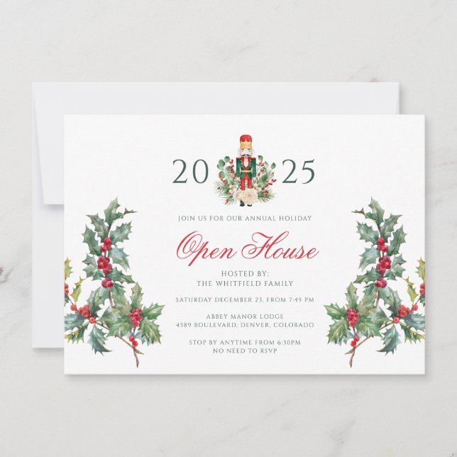 Open House Party Red Berries Christmas Holiday Einladung (Vorderseite)