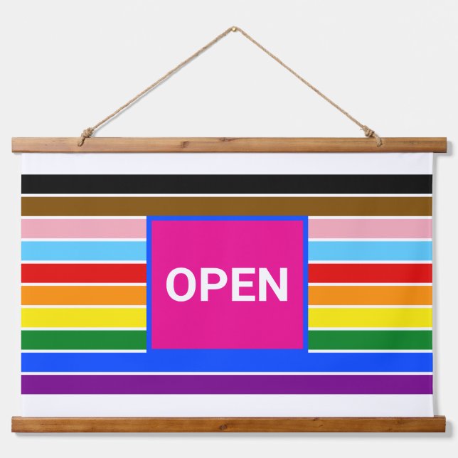 Open Pride Ally Rainbow Progress LGBT LGBTQ Wandteppich Mit Holzrahmen (Vorne)