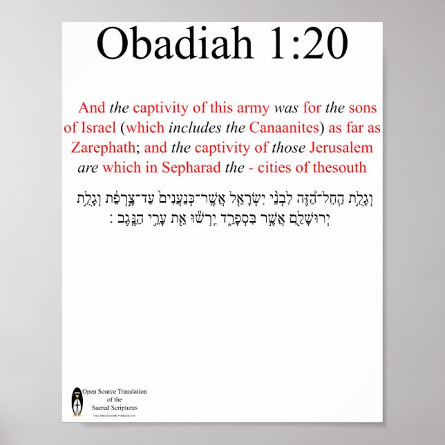 Open Source Translation Obadiah 1:20 Poster (Vorne)