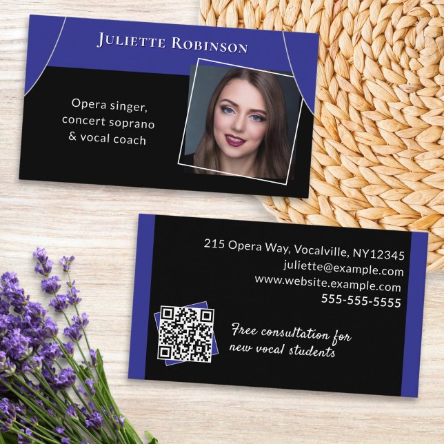 Opera Singer Gesangslehrer Musiker QR Code Visitenkarte (A stylish business card for an opera singer, with custom QR code, photo and contact details)
