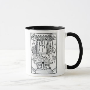 Operationstisch und chirurgische Instrumente, von Tasse