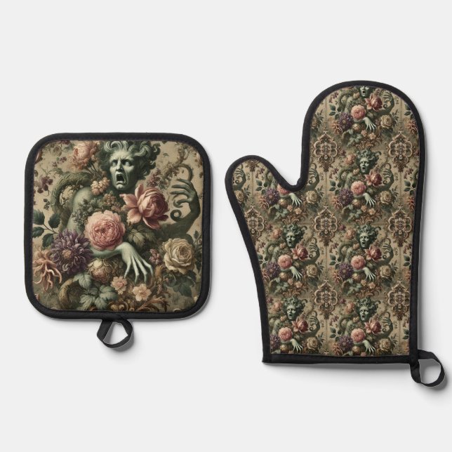 Operative Opulenz - gotisch Viktorianisch Ofenhandschuh & Topflappen-Set (Vorderseite)