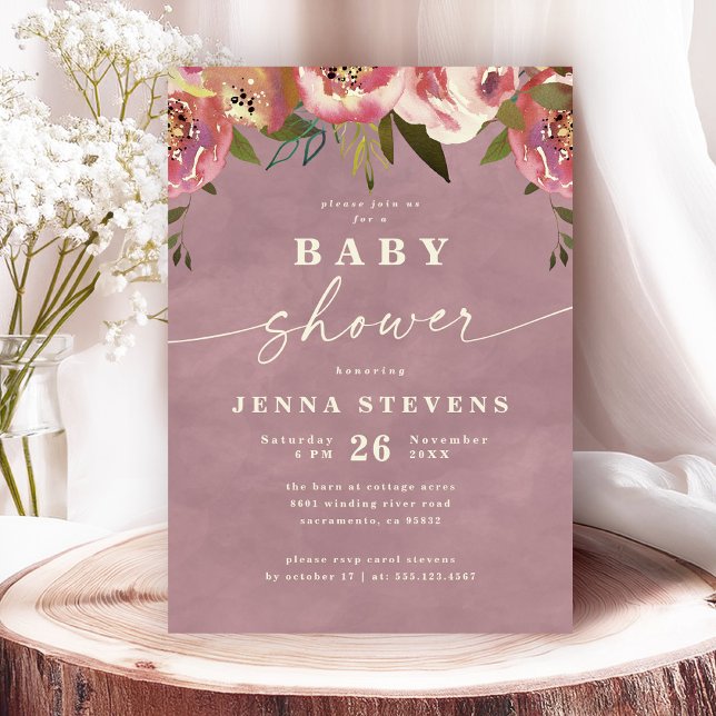 Ophelia Cotattcore Dusty Pink Floral Baby Dusche Einladung (These Romantic Watercolor Florals and Cottagecore Vibe are Perfect for a Baby Girl Shower!)