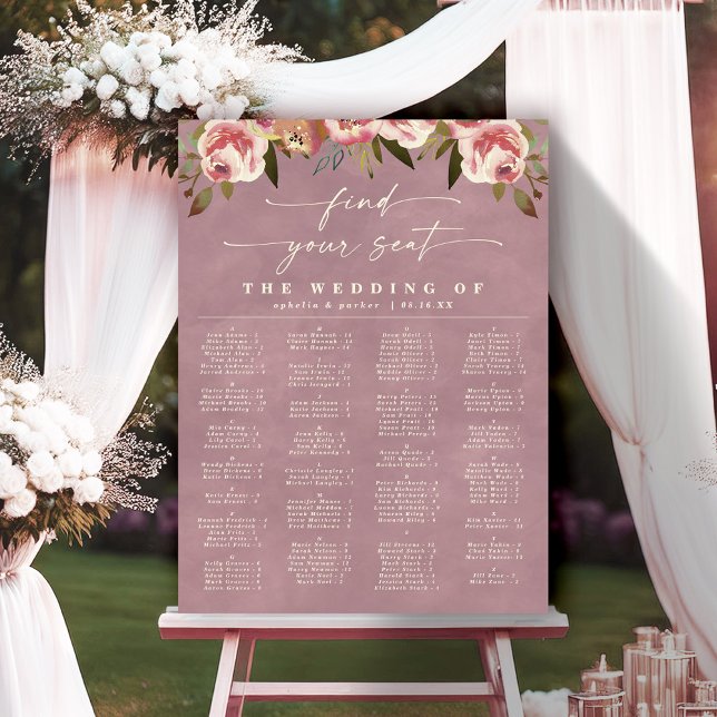 Ophelia Pink Alphabetische Hochzeitstabelle Poster (Say "I DO" to Romantic Watercolor Florals and a Cottagecore Vibe with the Ophelia Wedding Suite.)