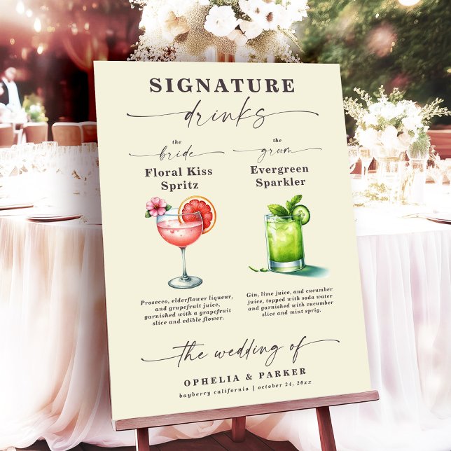Ophelia Wedding Bride & Groom Signature Drinks Poster (Say "I DO" to Romantic Watercolor Florals and a Cottagecore Vibe with the Ophelia Wedding Suite.)