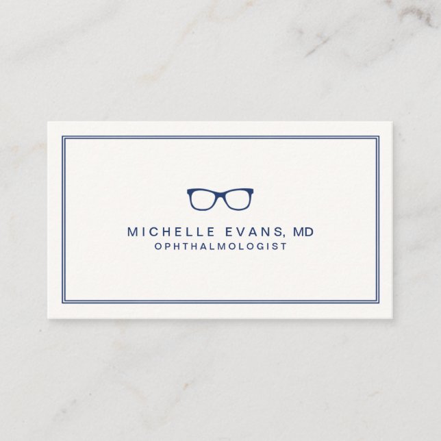 Ophthalmologe Navy Blue und Ivory Eyeglasses Visitenkarte (Vorderseite)