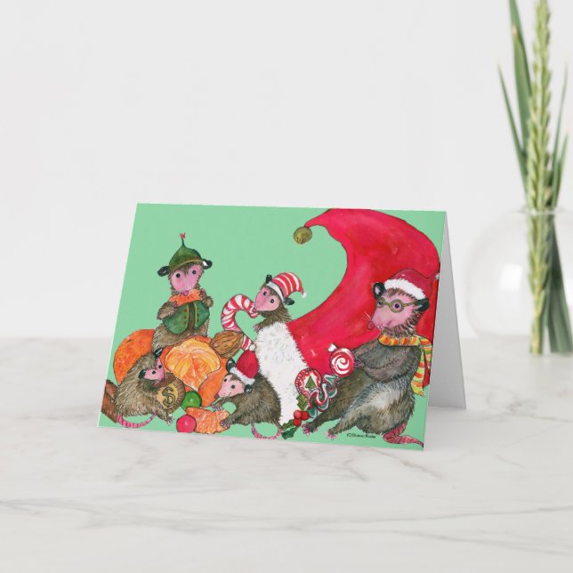 Opossum-lustige Weihnachtskarte, genießend auf Feiertagskarte (Vorderseite)