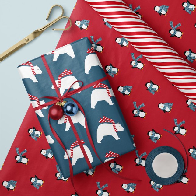 Opposites polaires - Papier d'enveloppement de Noë (Gift Wrap Sheet Trio: Modern Polar Bears, Candy Cane Stripes, Cheerful Penguins.)