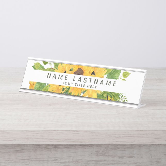 Optimistische Sonnenblumen Titel White Custom Schreibtischnamensplakette (Vorderseite )