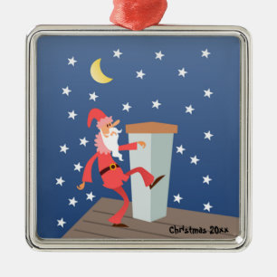 Optional "Text hinzufügen" Funny Santa on Dach Silbernes Ornament
