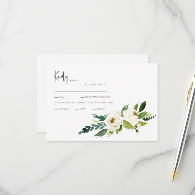 Optionen zum Abendessen mit weißer Blume RSVP-Kart RSVP Karte (Vorderseite/Rückseite Beispiel)