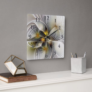 Optische Illusion Abstraktes 3D-Fraktal mit Tiefe Quadratische Wanduhr