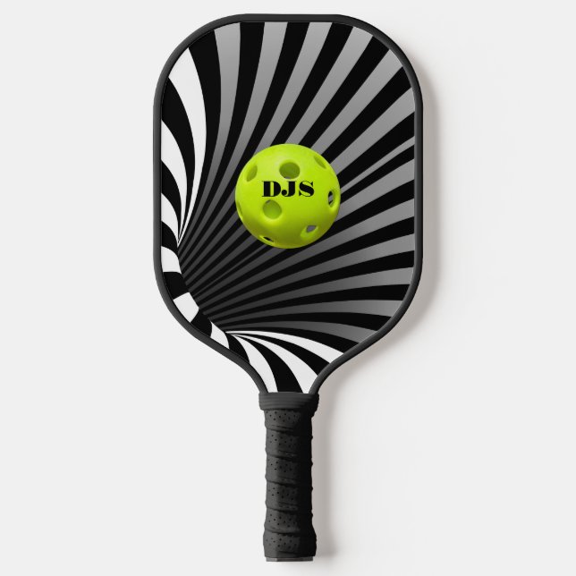 Optische Illusion schwarz, weiß gestreift Pickleball Schläger (Vorderseite)