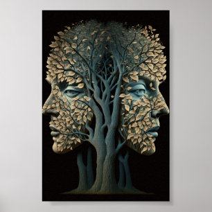 Optische Illusionsbaum sieht sich mit blühenden Bl Poster