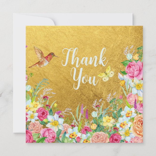 Opulence Gold Floral Hummingbird Dankeskarte (Vorderseite)