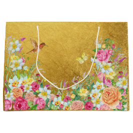 Opulence Gold Floral Hummingbird Gift Bag Große Geschenktüte